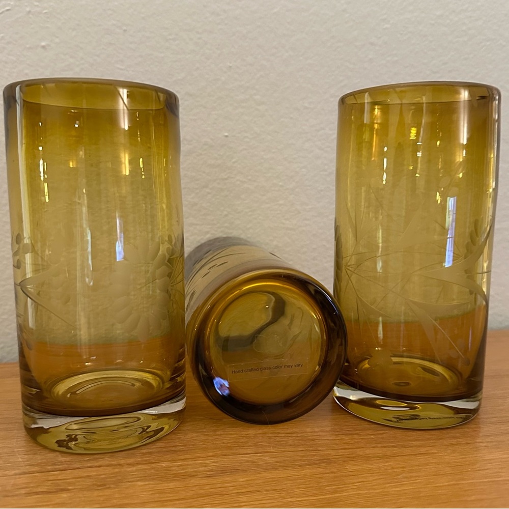 Bobby Flay Amber Brown Highball - 20oz - Etched Design - set of 3 - Picture 3 of 4
